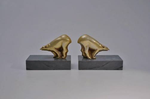 Art Deco bear pair bookends, gilt metal & marble, 1930`s ca, French